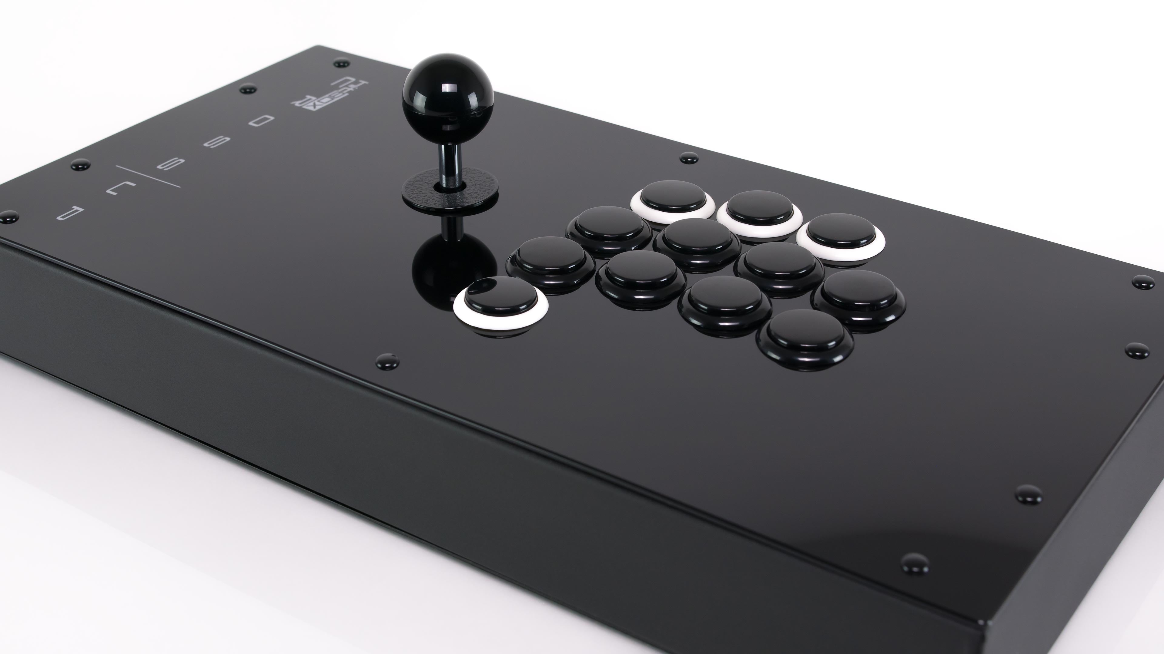 Angled official product view of the Hit Box Cross|Up showing the Sanwa lever and hybrid button cluster.
