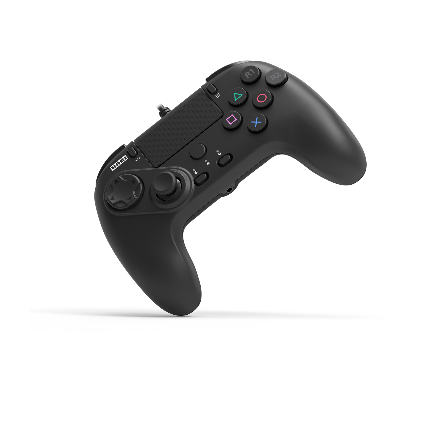 HORI Fighting Commander OCTA three-quarter angle view showing the D-pad, analog stick, touchpad, and six-button layout